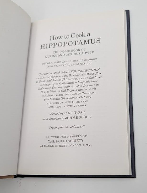 How To Cook A Hippopotamus by Ian Pindar Folio Society (Hardcover, 2006) No Case