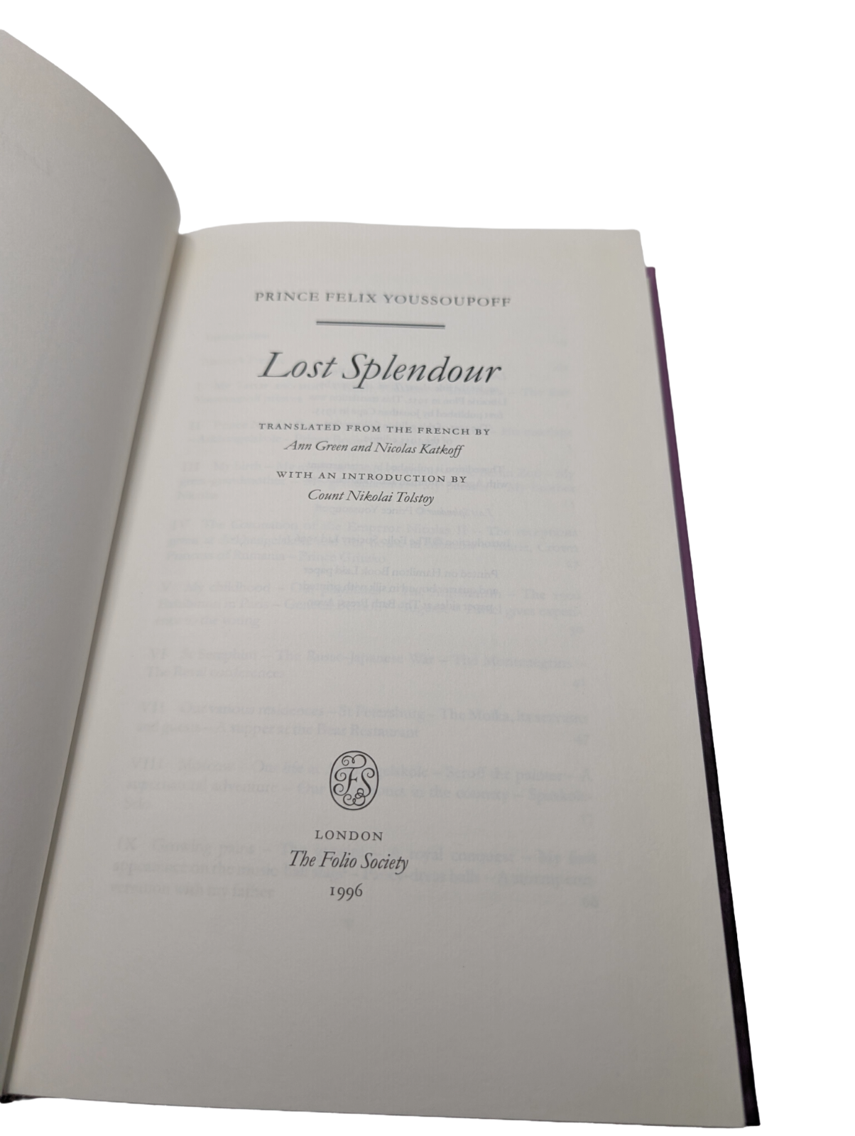 Folio Society Lost Splendour Prince Felix Youssoupoff 1996 HC no slipcase