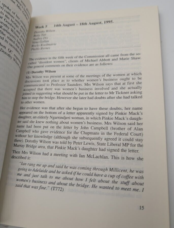 A royal omission: Critical summary of the evidence given to Hindmarsh Island HC