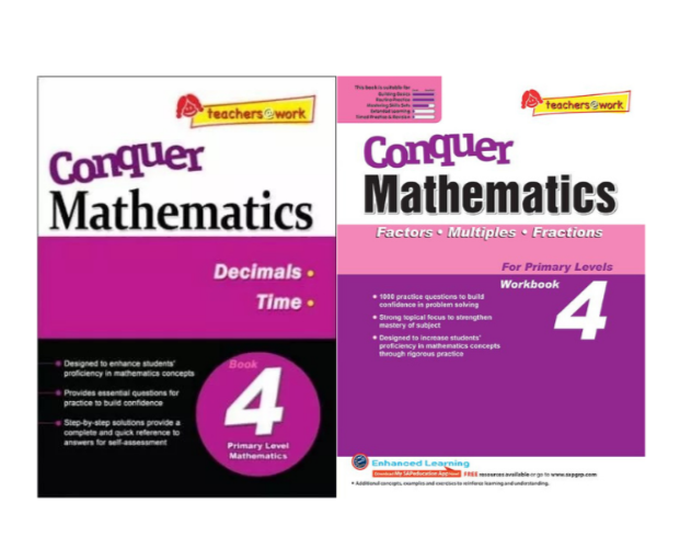 2 x Conquer Mathematics Books 4 Decimals, Time + Factors, Multiples, Fraction