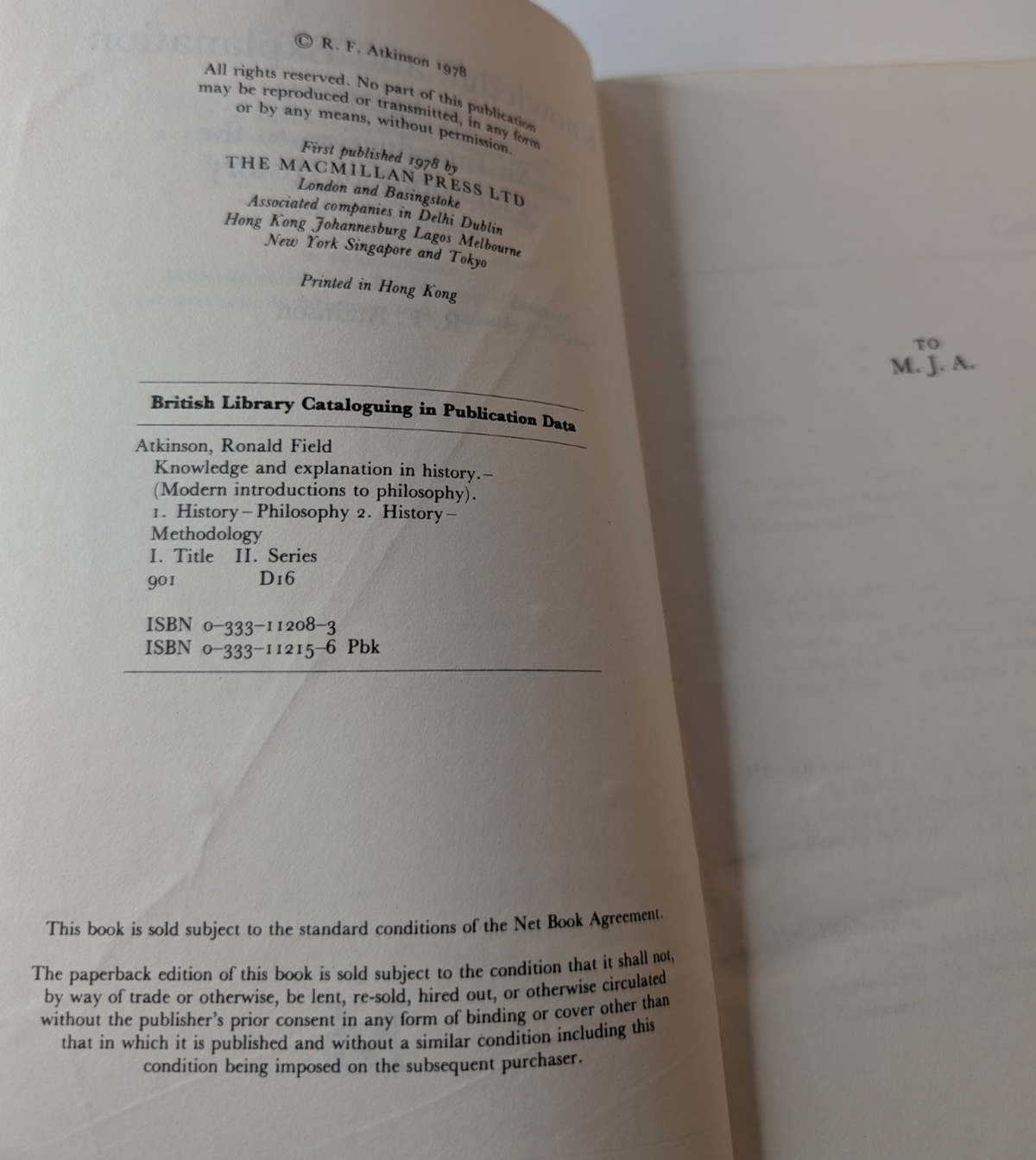 Knowledge and Explanation in History by R. F. Atkinson – actual book photo