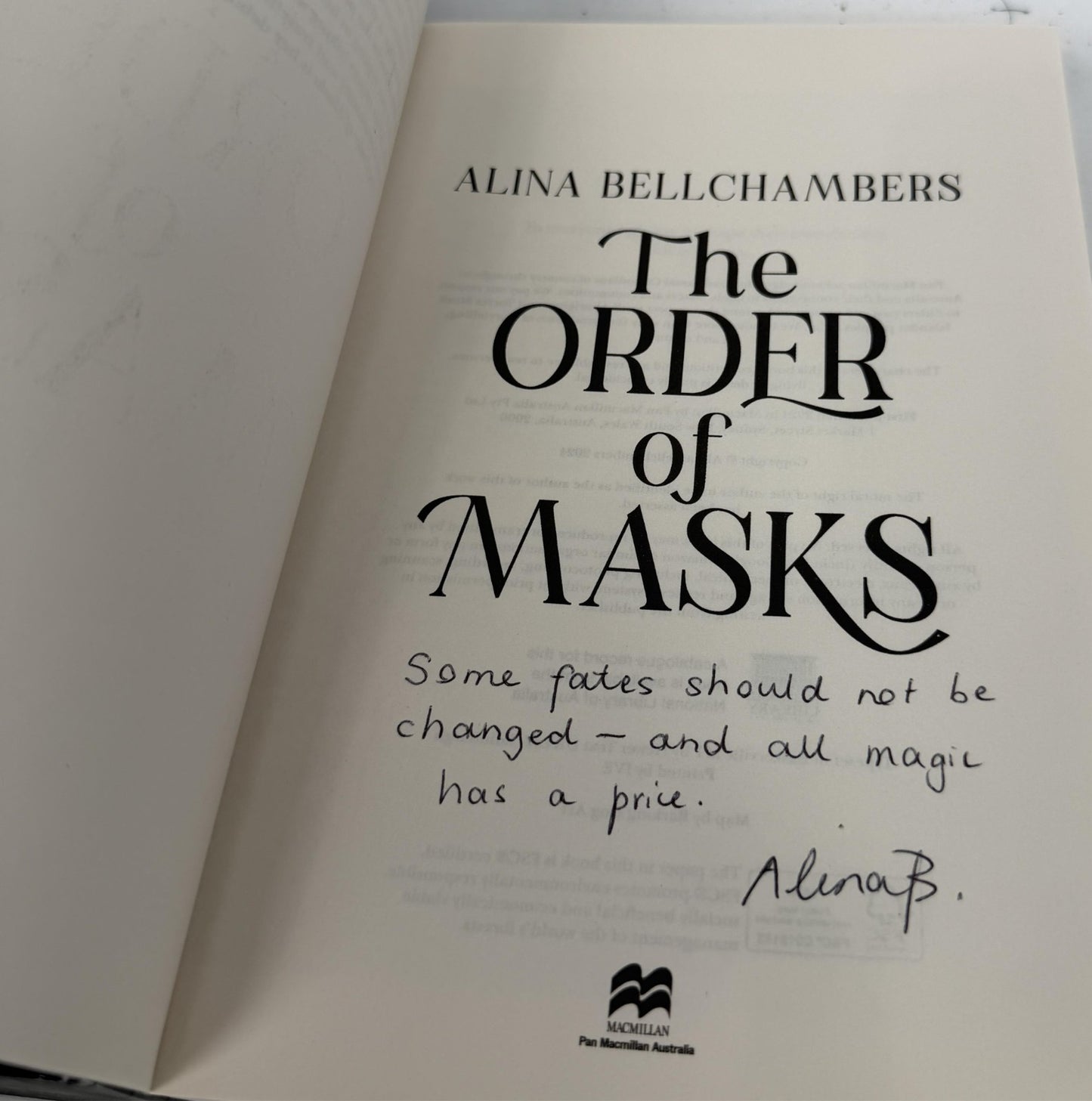 SIGNED The Order of Masks by Alina Bellchambers  Fantasy Romance