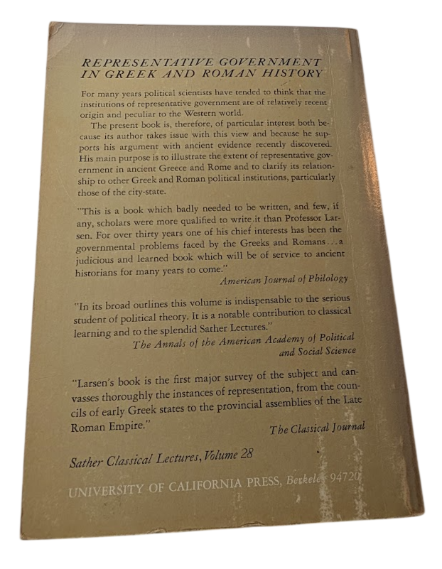 Representative Government in Greek and Roman History by J. A. O. Larsen – actual book photo