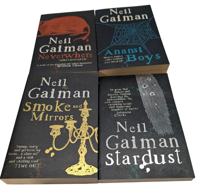 Neil Gaiman Four-book Bundle: Stardust, Smoke and Mirrors, Neverwhere, - four book covers