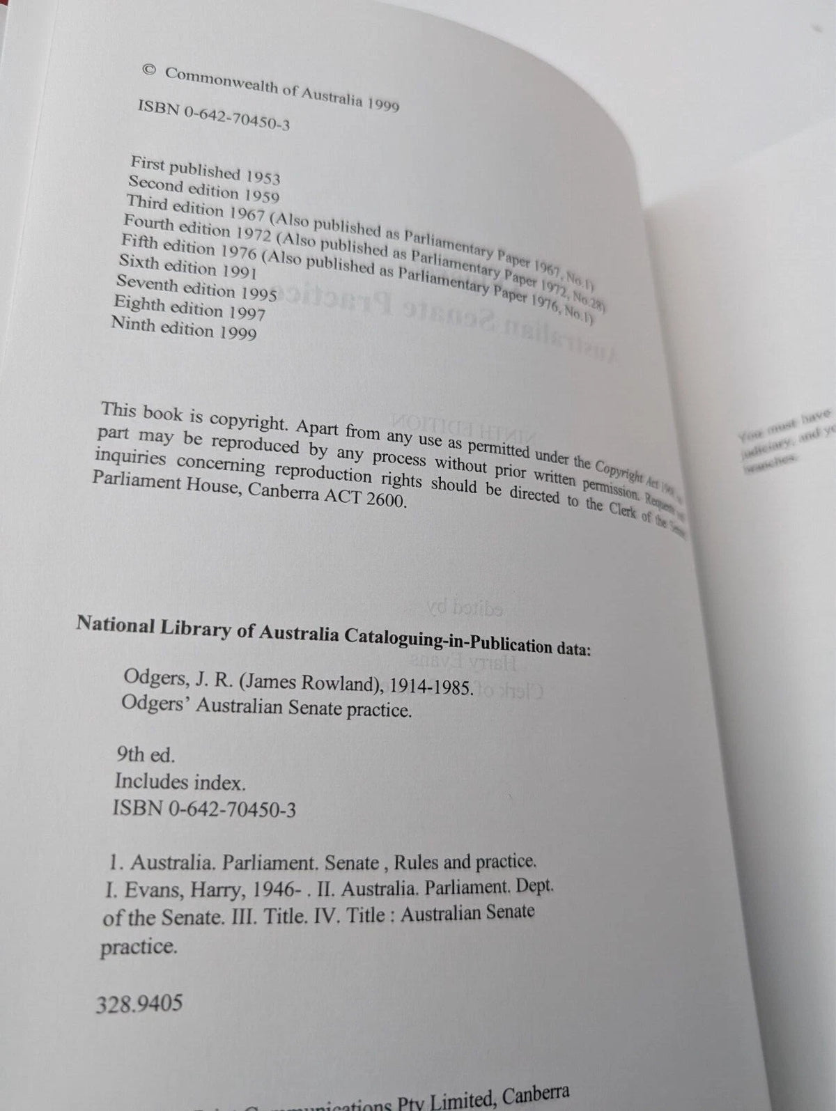 Odgers' Australian Senate Practice 9th Edition Harry Evans HC 1997 Politics Law Picture 5 of 7