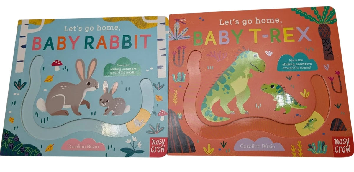 Let's Go Home Board Book Bundle: Baby Rabbit + Baby T-Rex by Carolina Buzio - front covers