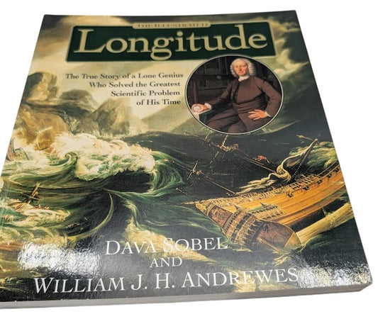 Book titled 'Longitude' by Dava Sobel and William J. H. Andrews with a ship illustration on the cover.